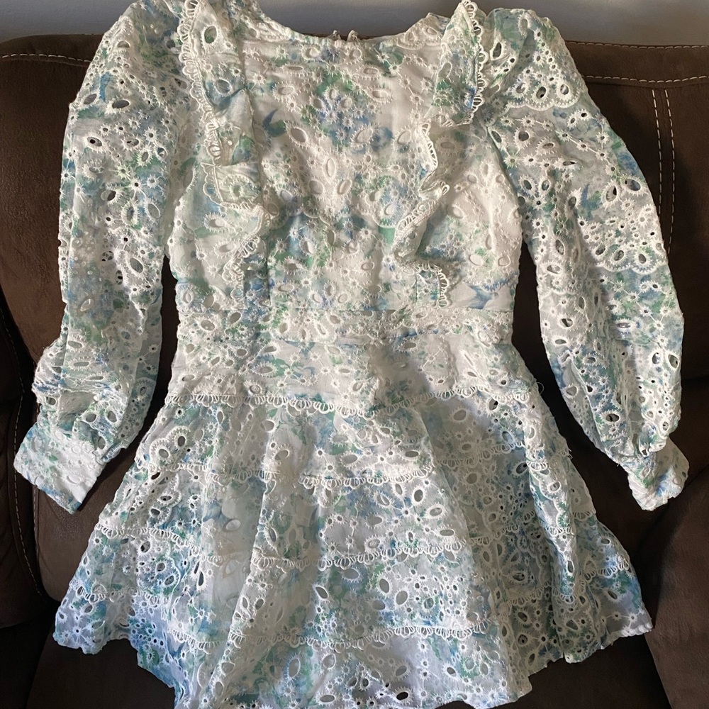 Floral Lace Kids Dress - White and Blue